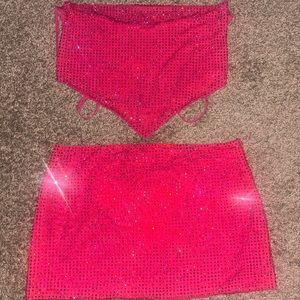 Oh Polly pink bedazzled two piece skirt set